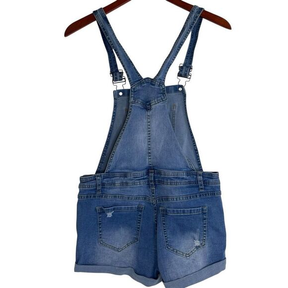 Encore Juniors Distressed Stretch Cuffed Denim Shortalls Mid Wash Blue Size 11 - Picture 13 of 15